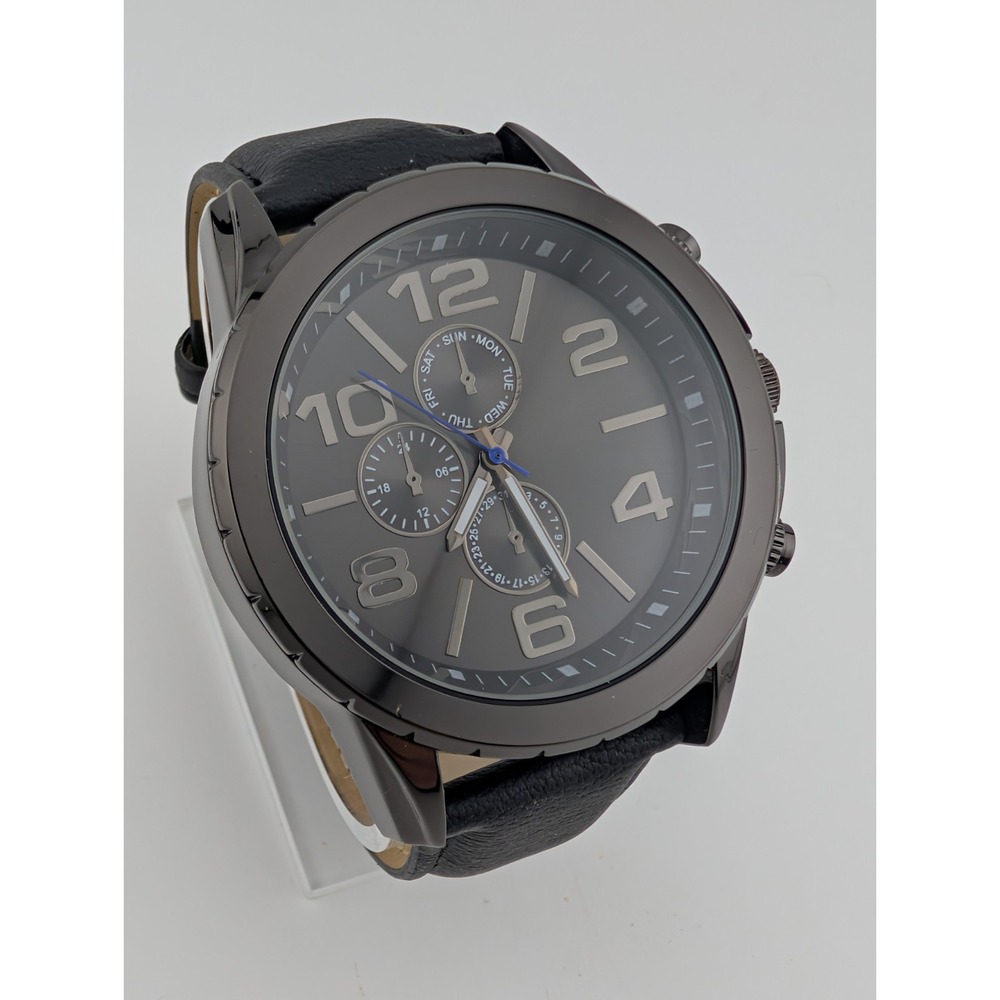 Accutime Watch Men 48mm Case Black Faux Leather Band- New Battery